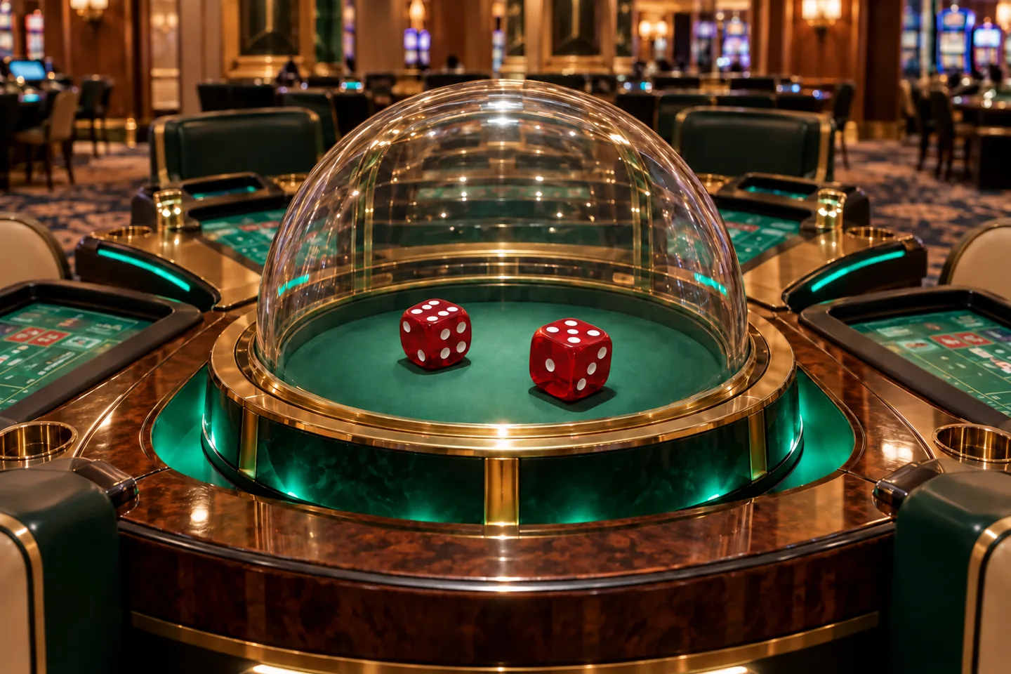 Red dice inside a clear Bubble Craps chamber with emerald lighting and brass trim