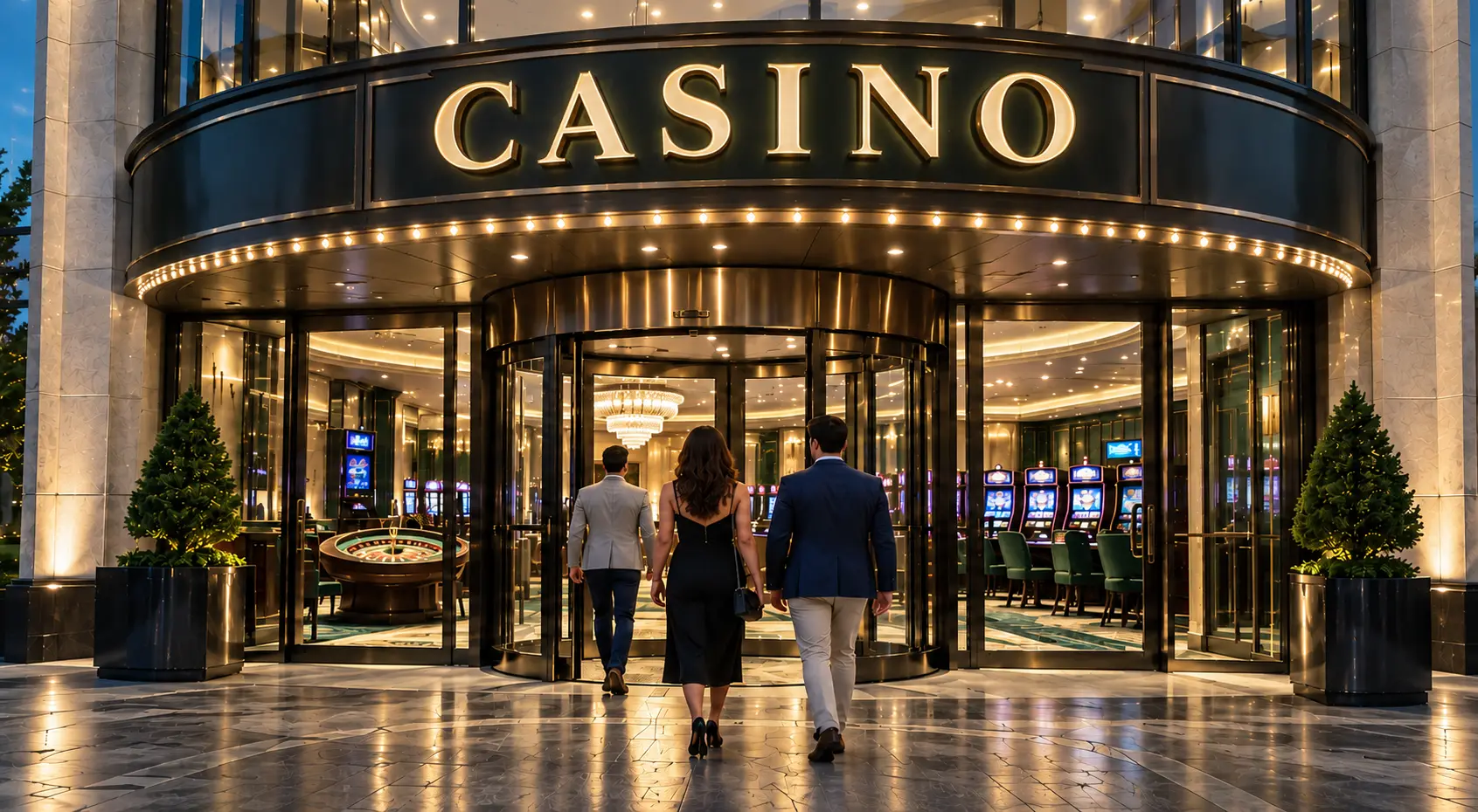 Three visitors walking into a warmly lit casino beneath a Casino sign