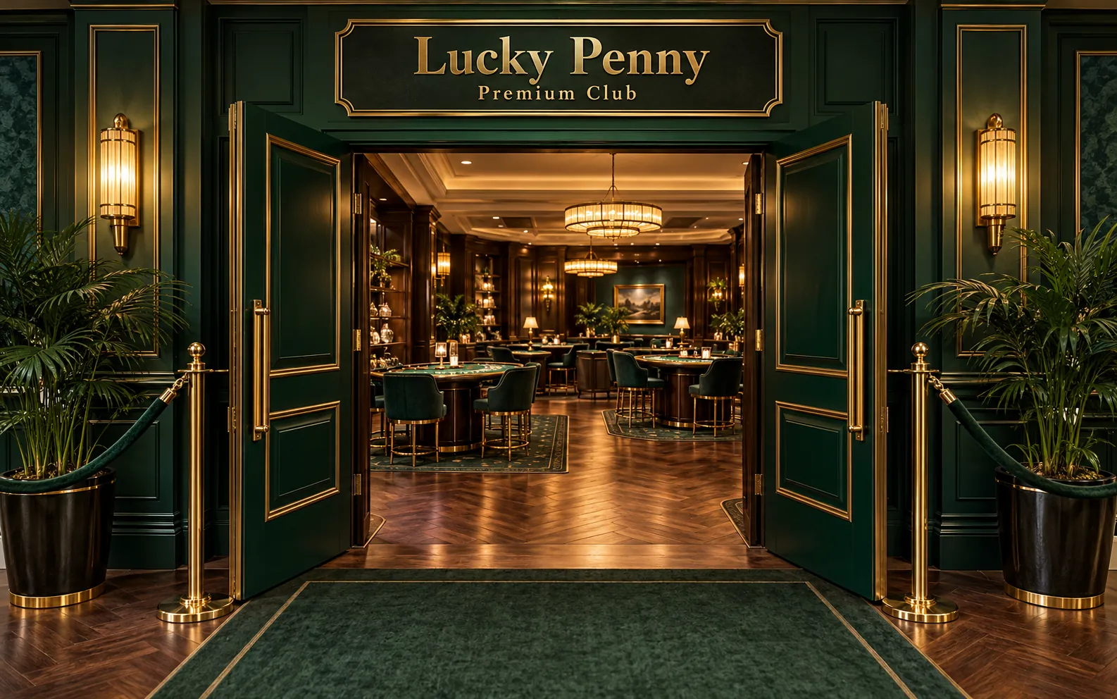 Open emerald and gold doors welcoming you into the Lucky Penny Premium Club gaming lounge