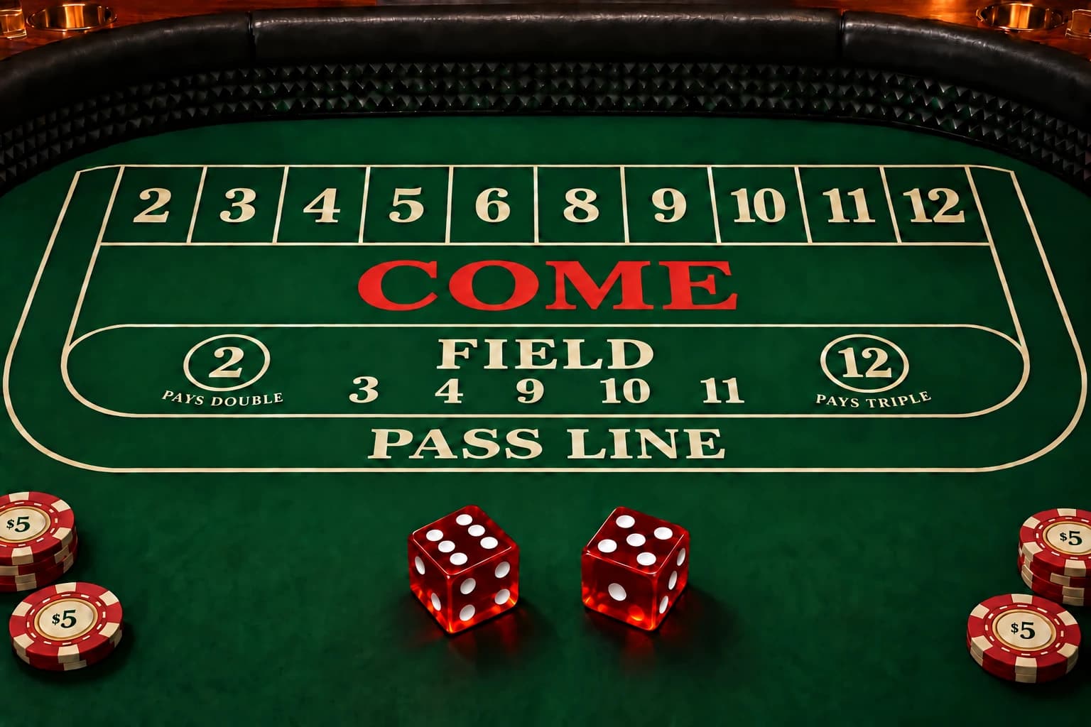 Dark green Crapless Craps felt with gold betting outlines and two red dice