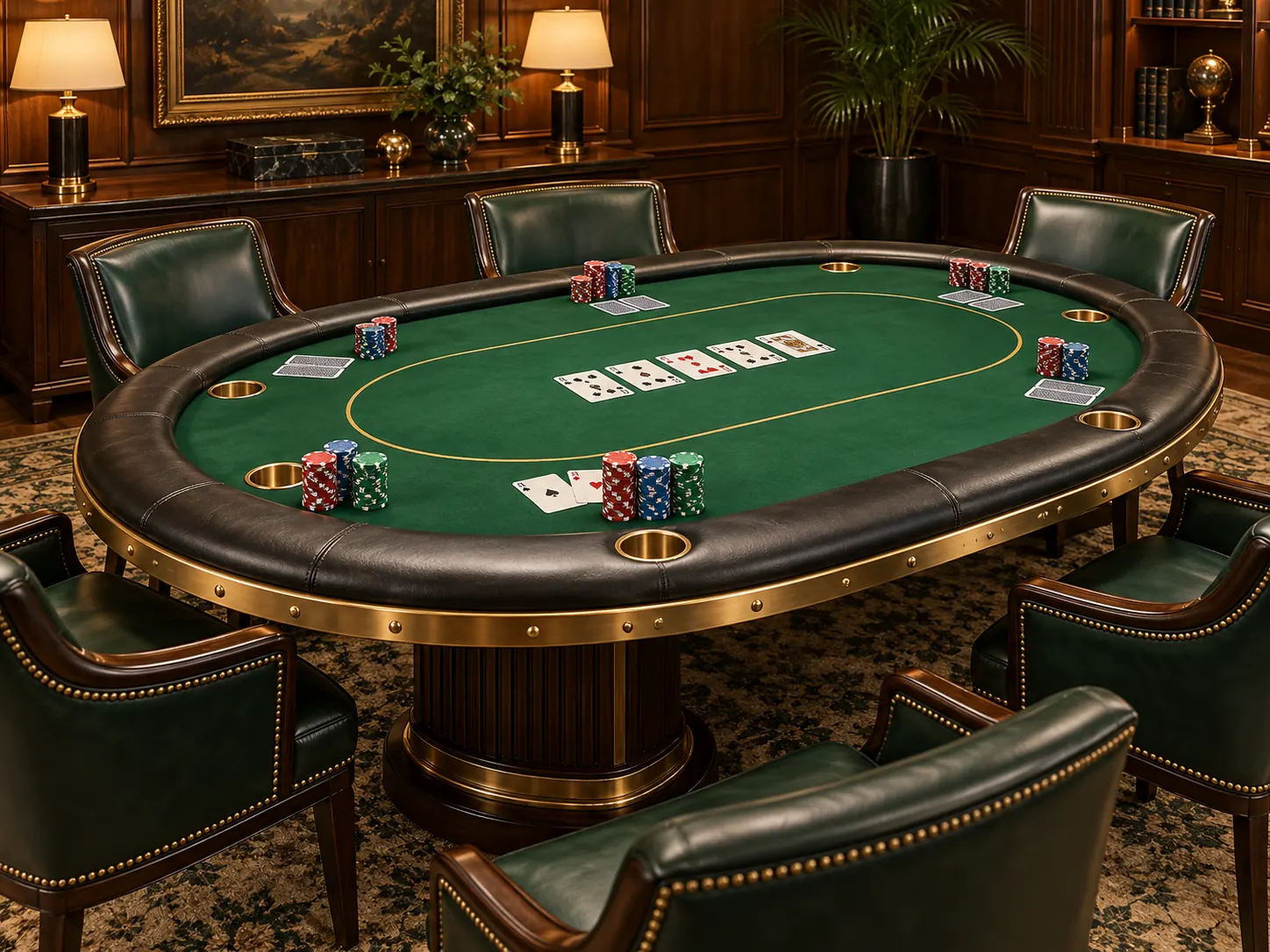 Sharp view of an emerald Texas Hold’em table with leather chairs, cards and stacked chips