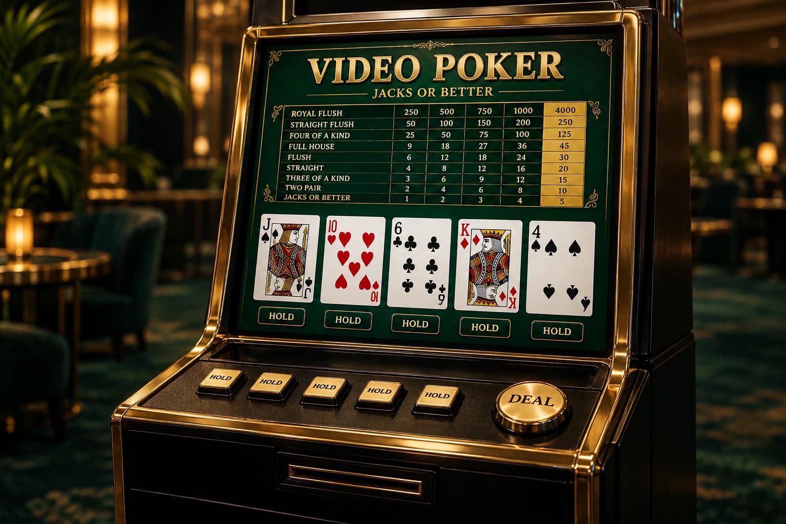 A realistic green and gold Video Poker machine with five playing cards and HOLD controls