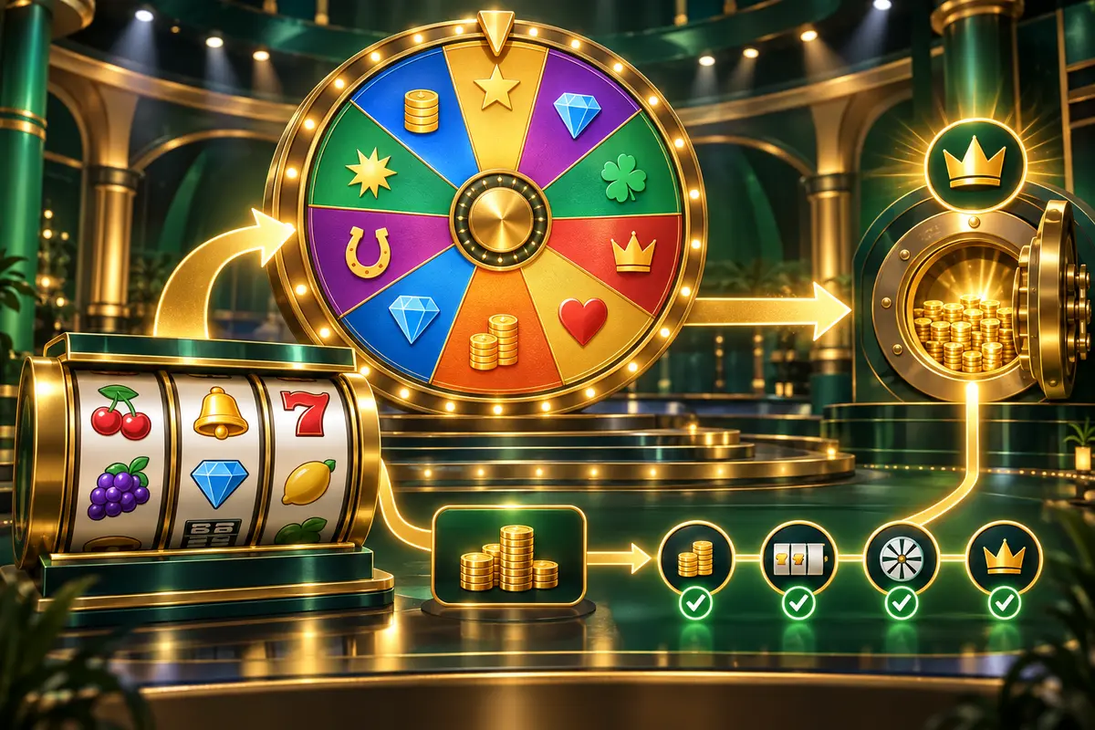 Generic prize-wheel slot illustration tracing base reels through a bonus wheel to a progressive jackpot eligibility path