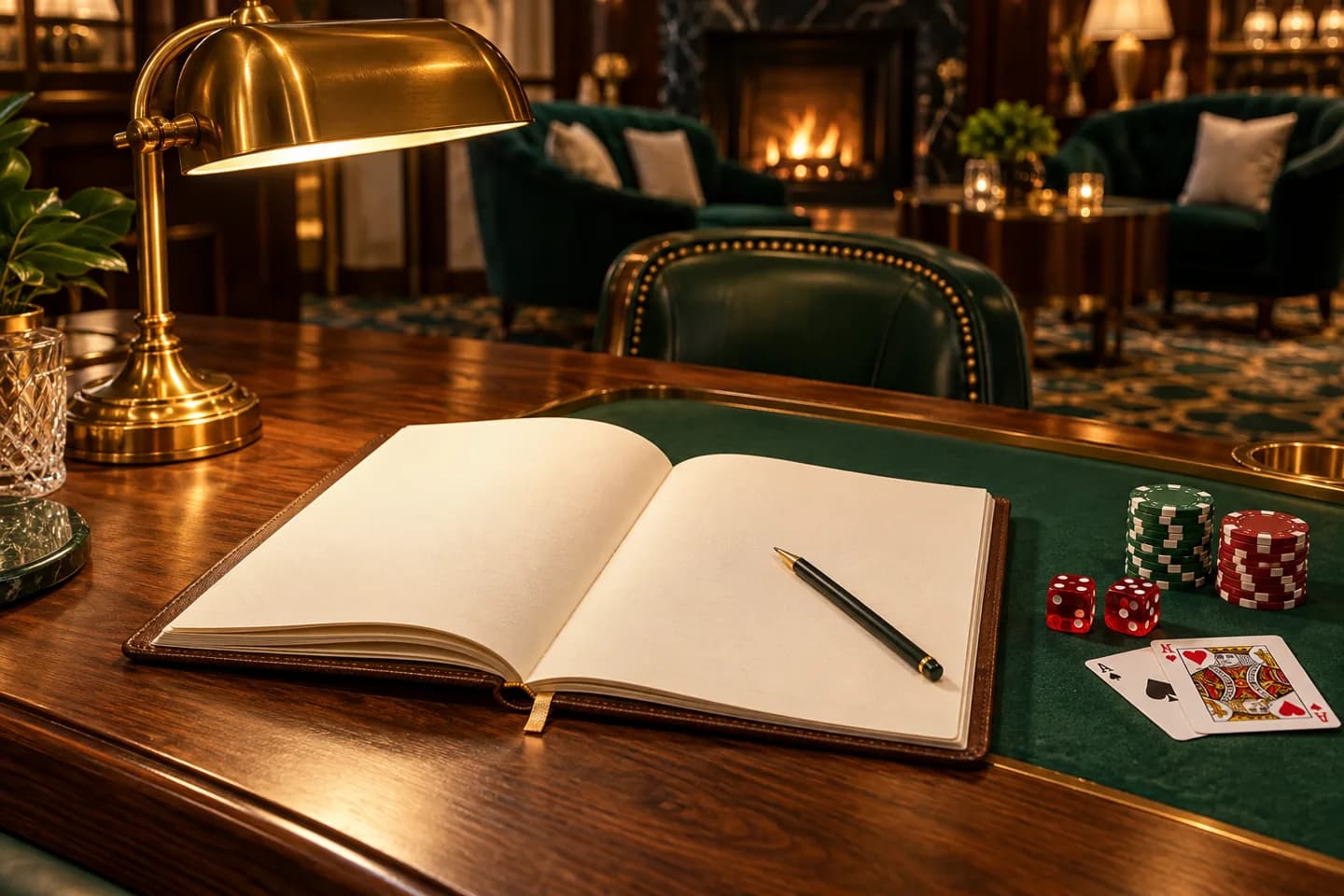 Open notebook, pencil, playing cards and dice in a warmly lit learning lounge