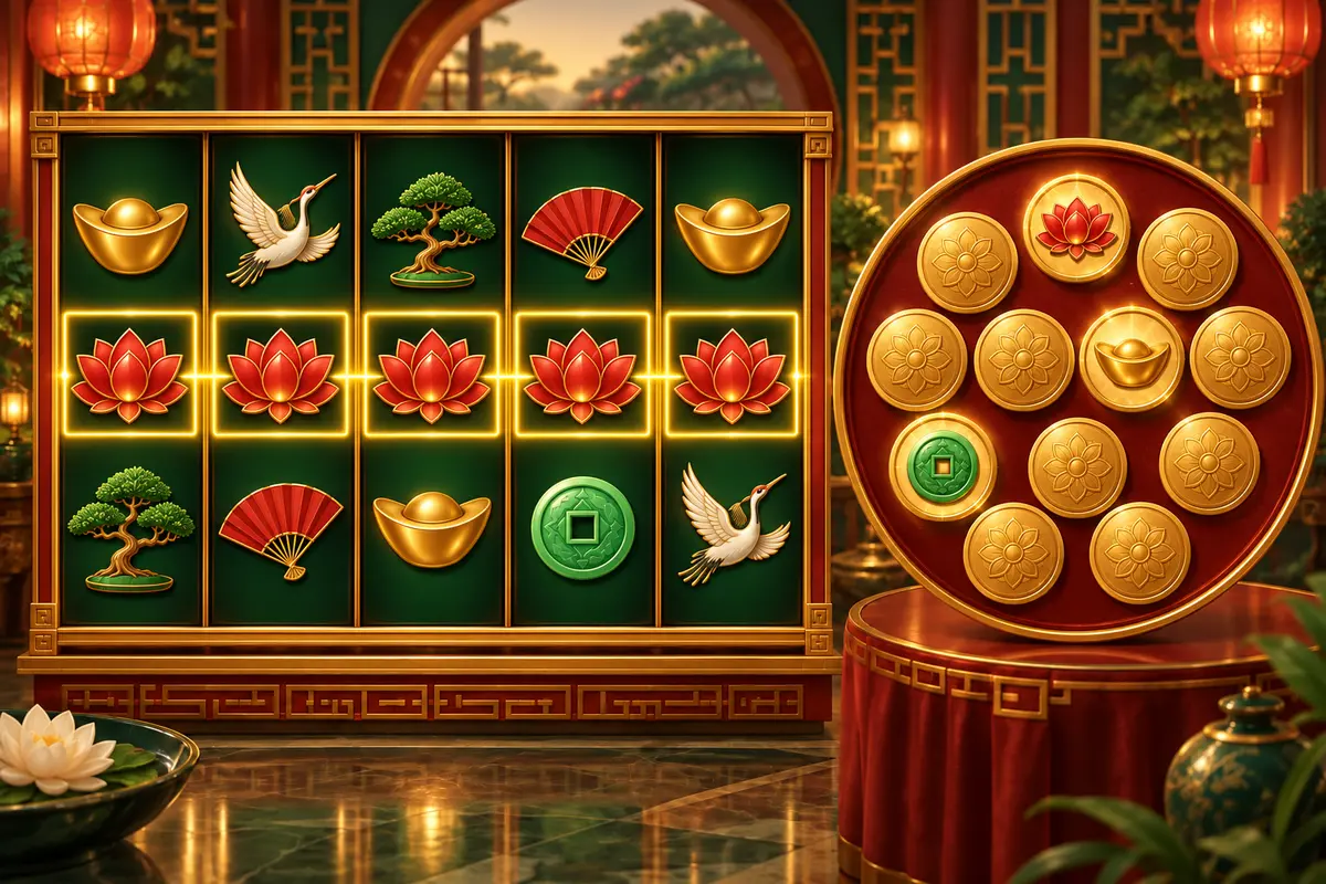 Educational slot illustration showing five aligned reels with matching lotus symbols across adjacent reels and a separate golden-coin pick feature