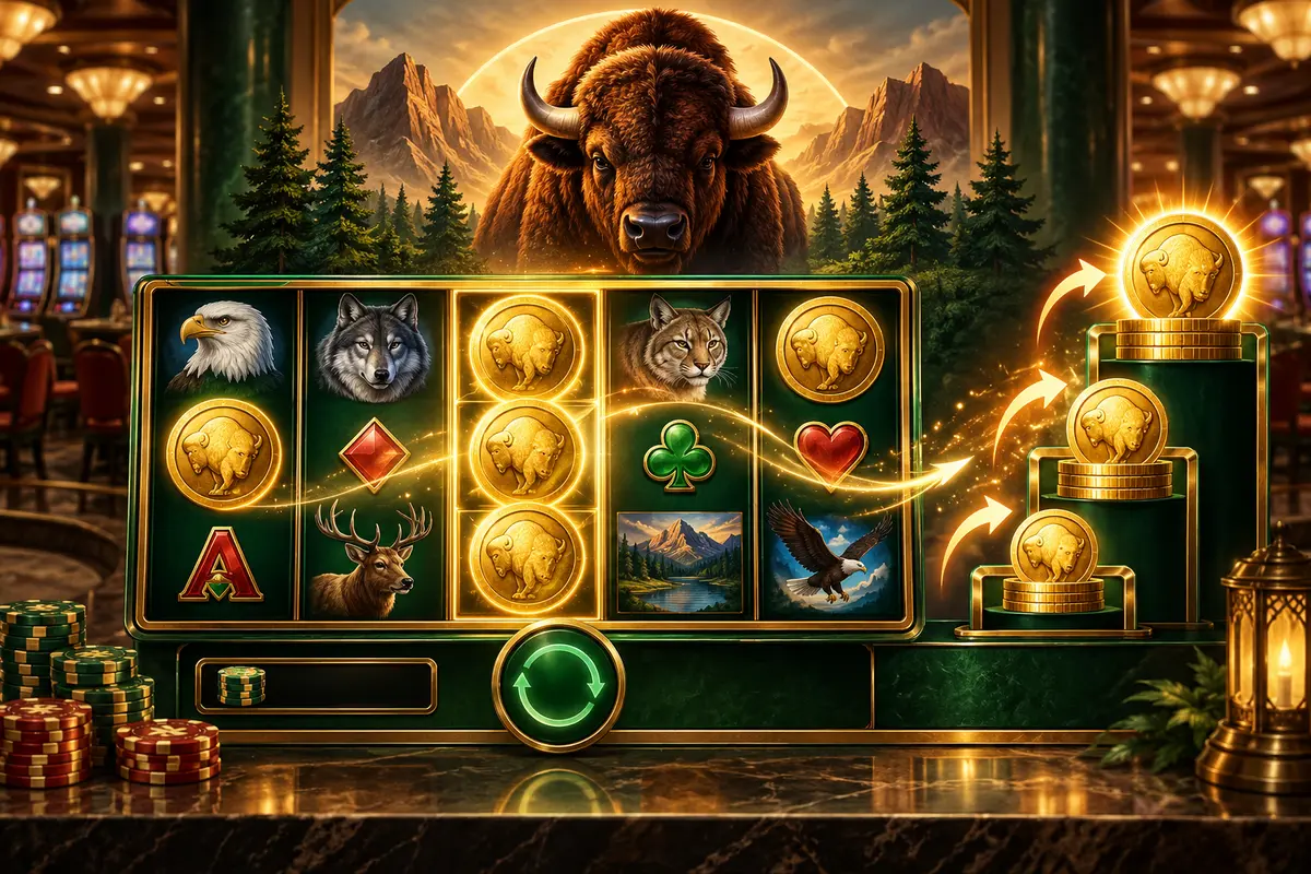 Original casino illustration showing bison-themed reels feeding gold coin symbols into a three-stage bonus progression