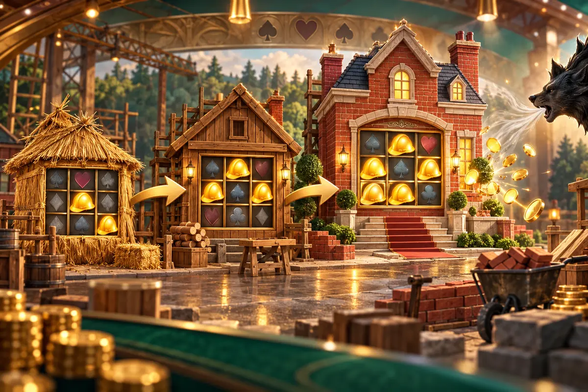 Casino bonus illustration showing straw, wood, and brick houses upgrading across a feature before a wolf reveals coin prizes